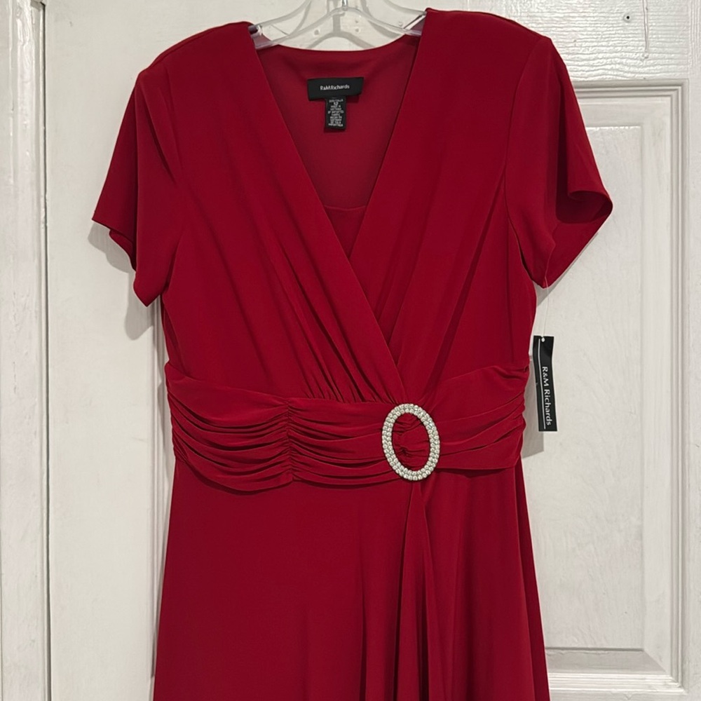 NWT R & M RICHARDS JEWELED PIN FAUX WRAP CAP SLEEVE DRESS RED SIZE 14